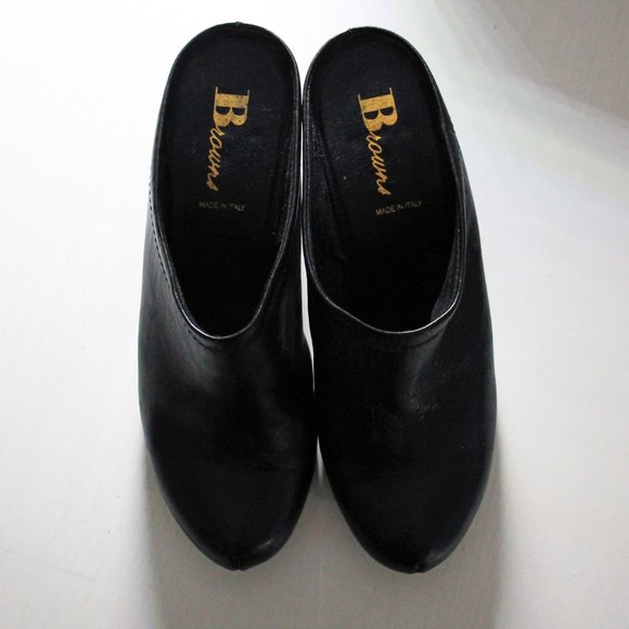 Black Leather Shoes Slip On Mule Wedge Heel Clog Browns Booties Italy Size 6.5 - Picture 4 of 7